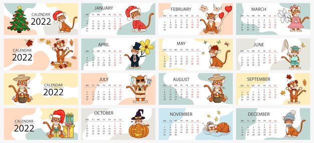 Шаблон оформления календаря на 2022 год, год тигра по китайскому или восточному календарю, с изображением тигра, 12 месяцев. горизонтальная таблица с календарем на 2022 год. вектор