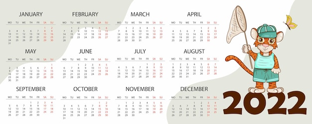 虎のイラストが描かれた、中国または東部の暦による虎の年である2022年のカレンダーデザインテンプレート。 2022年のカレンダーと水平テーブル。ベクトル