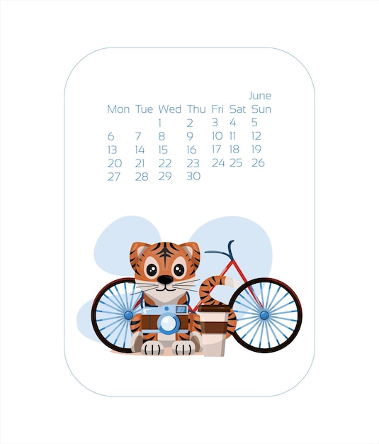 Calendar design template for  year of blue tiger chinese new year june vector stock flat illustratio...