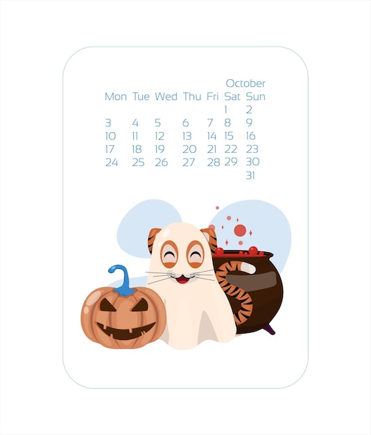 Calendar design template for  year of blue tiger chinese new year october vector stock flat illustra...