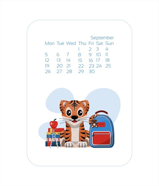 Calendar design template for  year of blue tiger chinese new year september vector stock flat illust...