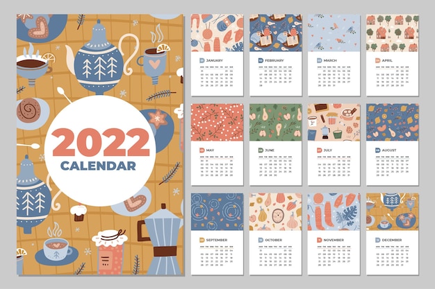 Calendar  fun cozy and cute monthly calendar vector template with hand drawn hygge cups desserts and...