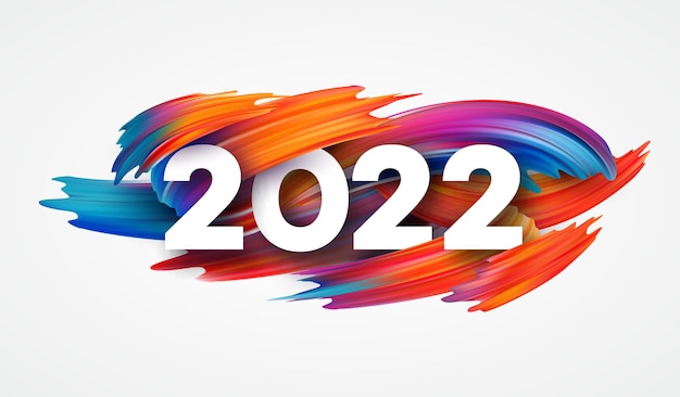 Calendar header 2022 number on colorful abstract color paint brush strokes. Happy 2022 new year colorful background.