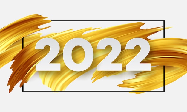 抽象的な金色のペイントブラシストロークのカレンダーヘッダー2022番号。明けましておめでとうございます2022黄色の背景。