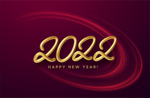 Calendar header 2022 realistic metallic gold number on red wave swirl background with gold sparkle. happy new year 2022 red background. vector illustration eps10