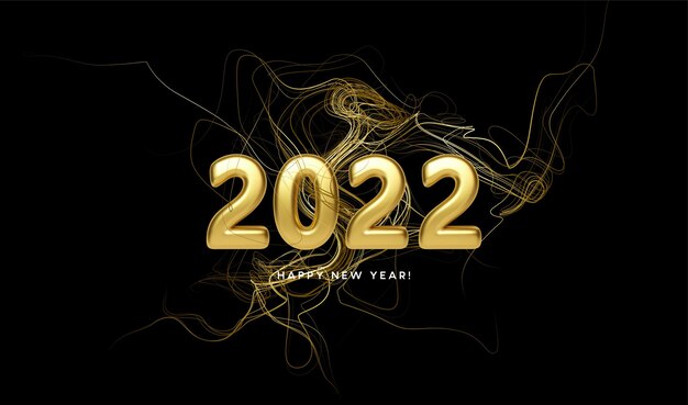 Calendar header 2022 with golden waves swirl with golden sparkles on black background. Happy new year 2022 golden waves background. Vector illustration EPS10