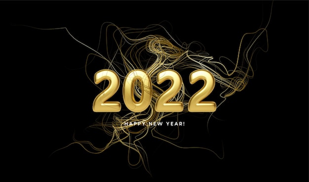 Calendar header 2022 with golden waves swirl with golden sparkles on black background. Happy new year 2022 golden waves background. Vector illustration EPS10