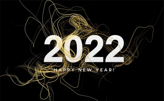 황금 파도와 달력 헤더 2022 검정에 황금 반짝임 소용돌이. 새해 복 많이 받으세요 2022 황금 파도 배경.