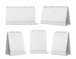 Free vector calendar mockup with blank pages and spiral. desktop vertical paper calender mock up front and side view isolated on white background. agenda, almanac template. realistic 3d illustration, set