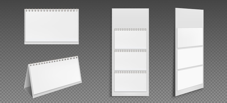 Free Vector calendar with blank pages and binder. desktop and wall paper calender front and side view. agenda, almanac template isolated on transparent background. realistic 3d illustration, set