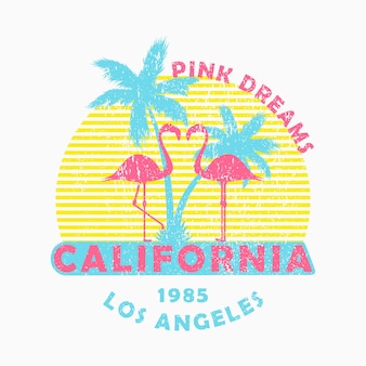 California los angeles  grunge typography for design clothes tshirt with flamingo and palm trees