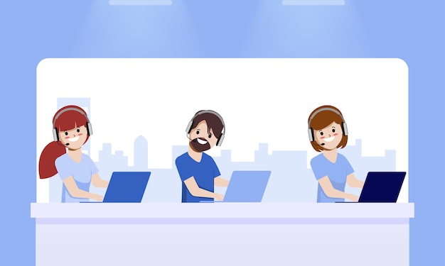 コールセンターとカスタマーサービスの仕事のアニメーションのベクトルデザイン