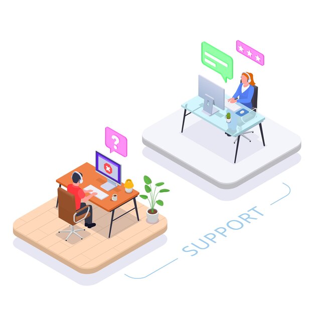 Call center helpdesk concept with support symbols isometric vector illustration