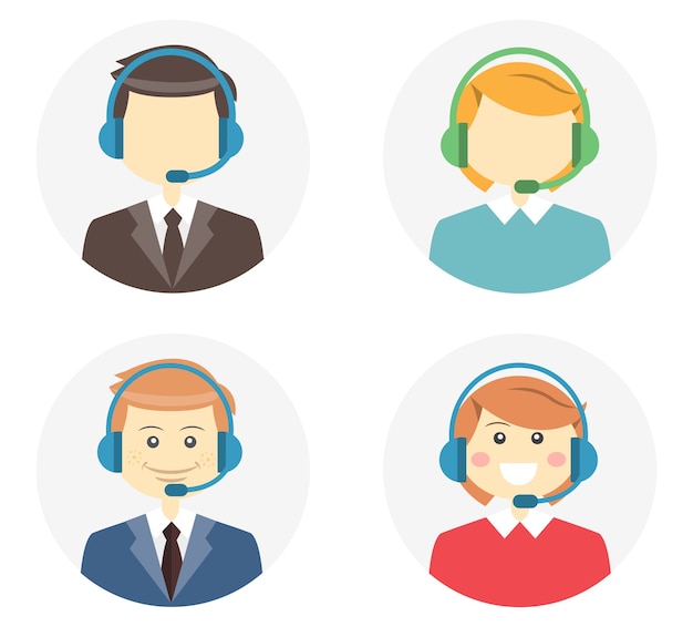 Call center operator with a smiling friendly man and woman wearing headsets and a second variation where they are featureless or faceless on round web buttons  vector illustration