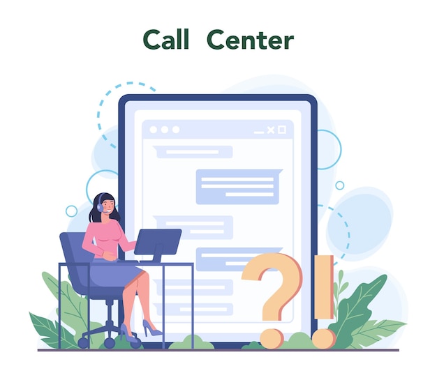 コールセンターまたはテクニカルサポートのオンラインサービスまたはプラットフォーム顧客に情報を提供する問題を解決するコールセンターベクトルフラットイラスト