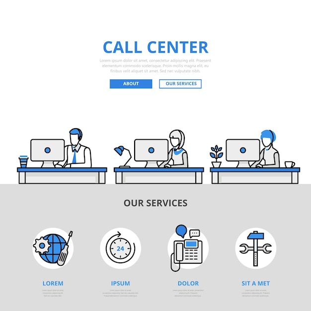 Call center user support office workplace concept flat line style. printed material
