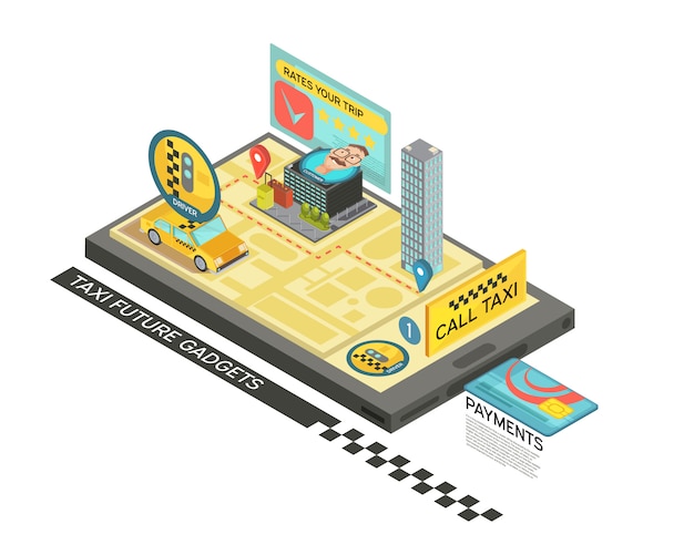 車、地図、モバイルデバイスの画面3 dベクトル図の家とガジェット等尺性デザインによる電話タクシー