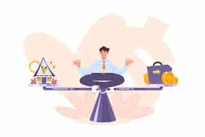 Free vector calm businessman meditating on the scales and keep harmony choose between career and relax, business and family, leisure and money, office job and home. work life balance concept in flat cartoon style