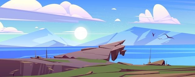 Free vector calm landscape with mountains and lake in morning