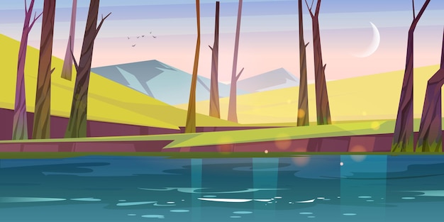 Calm landscape with river, green grass, bare trees and mountains at morning. Vector cartoon illustration of nature scene of lake or pond in spring forest, rocks on horizon and moon in sky after sunset