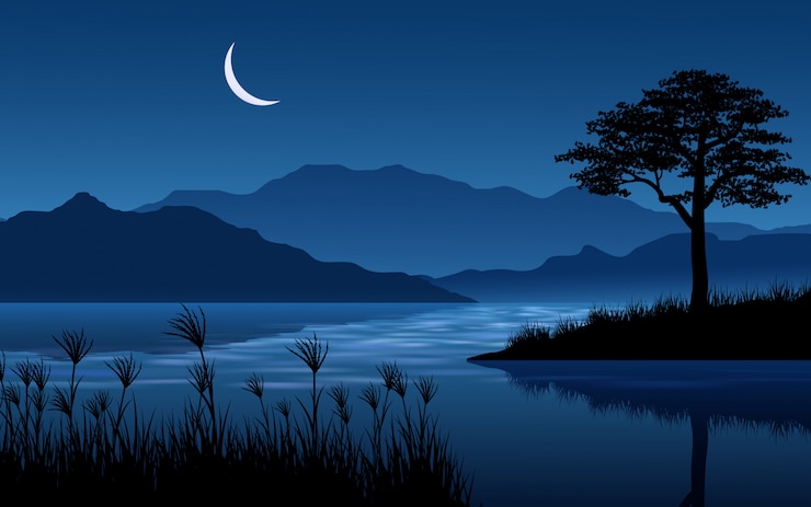 Premium Vector | Calm night landscape at river with mountain and moon