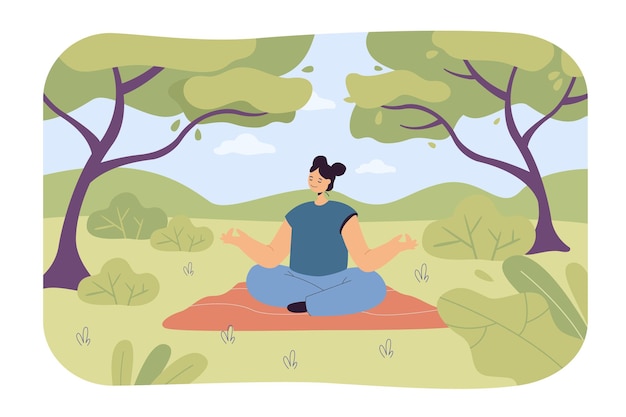 Calma la donna nella foresta di balneazione. personaggio dei cartoni animati femminile che fa yoga in natura, alberi e cespugli illustrazione piatta