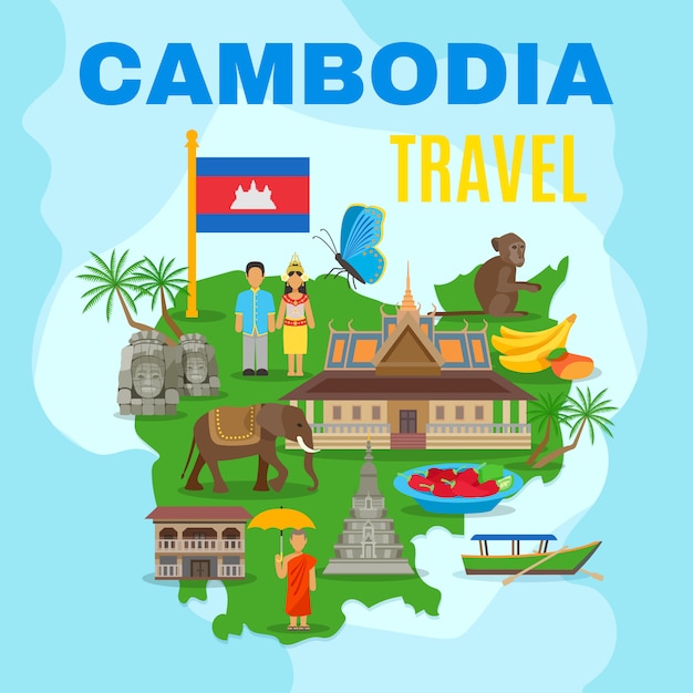 カンボジア文化旅行地図フラットポスター