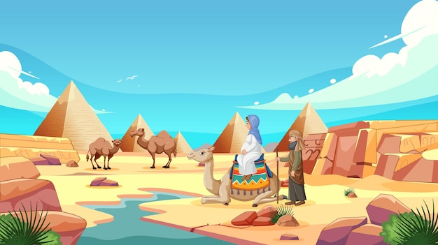 Vettore gratuito caravana di cammelli vicino alle piramidi