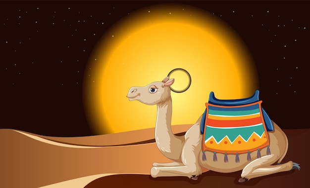 Free vector camel under moonlight in desert