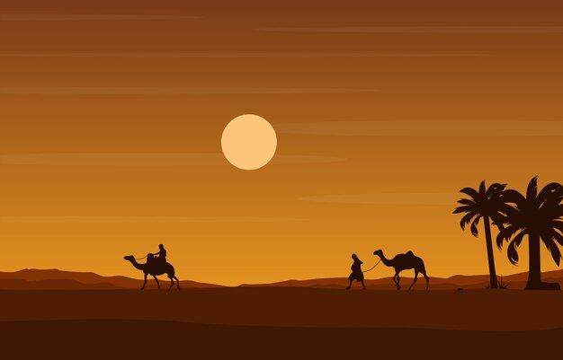 Premium Vector Camel Rider Crossing Vast Desert Hill Arabian Landscape Illustration