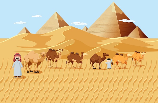 ピラミッドの背景の風景シーンと砂漠のラクダ