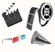 Camera cinema stereo glasses clapper and megaphone for film production vector realistic pictures