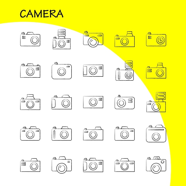 Free vector camera hand drawn icon for web print and mobile uxui kit such as camera digital dslr photography camera digital dslr photography pictogram pack vector