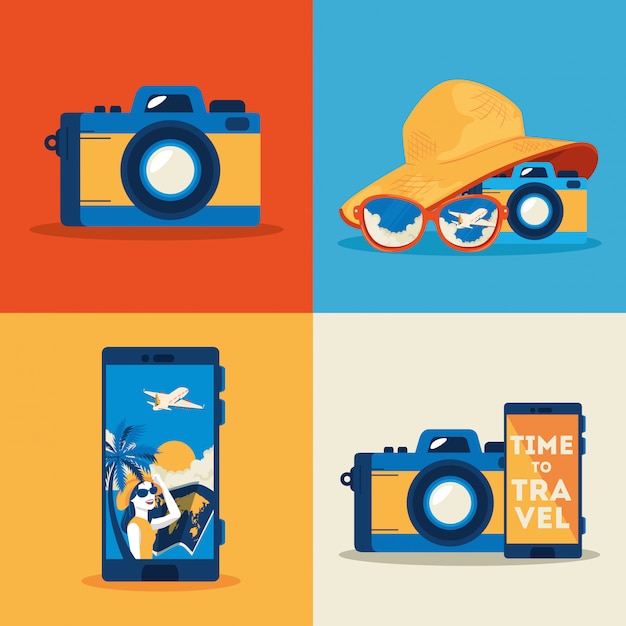 Camera photographic with set icons of summer travel