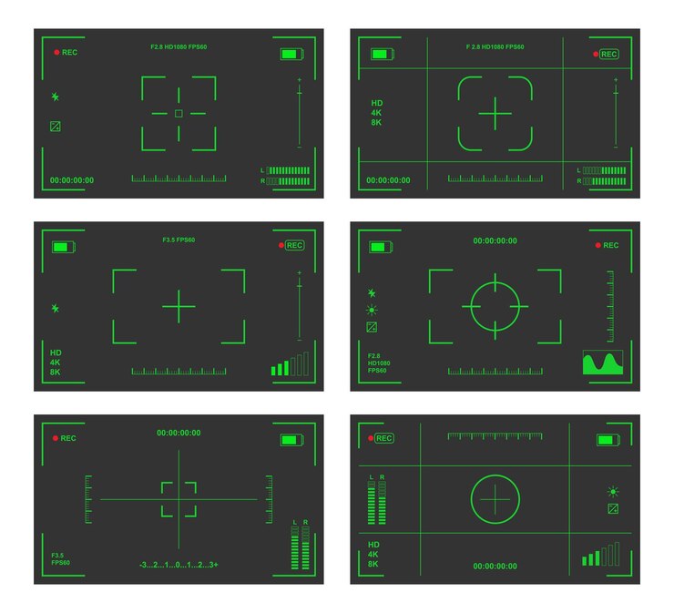 Free Vector camera viewfinders cartoon illustration set. recording or shooting camera screen with settings. video camera display. cctv, photography, filming, cinematography concept