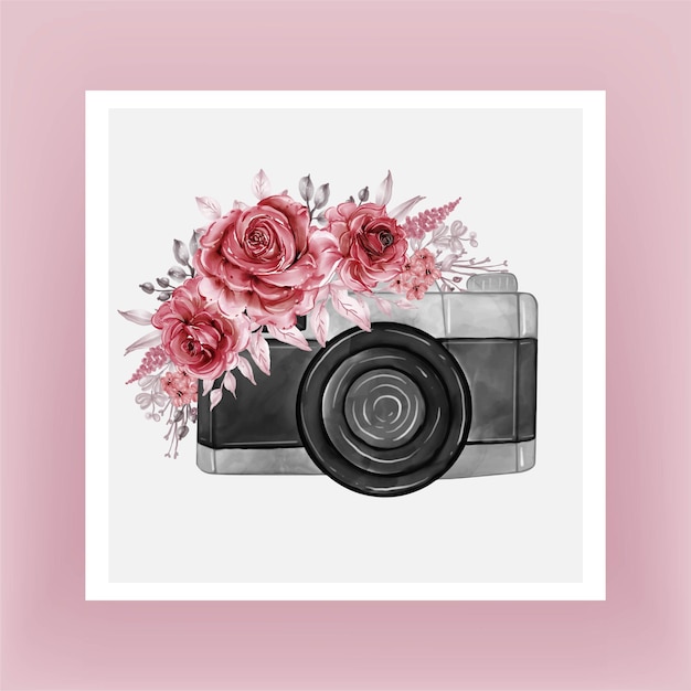 Vettore gratuito acquerello della fotocamera con fiori bordeaux