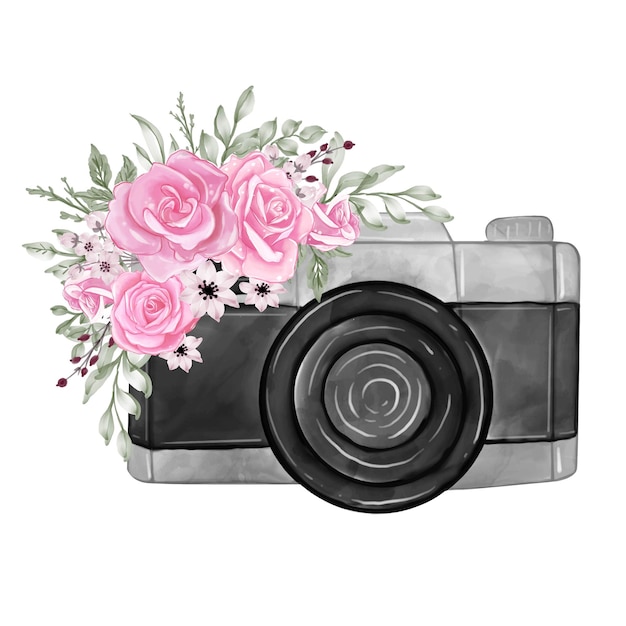 水彩花とカメラローズピンクのイラスト