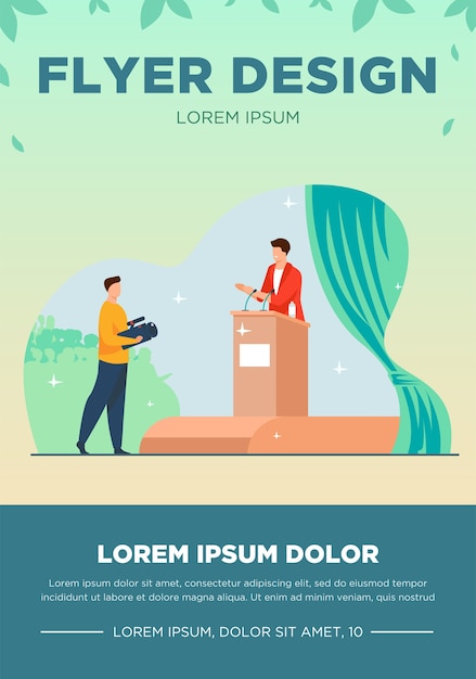 Cameraman shooting speaker on stage. politician speaking on rostrum before audience flat vector illustration. spokesman, election campaign concept for banner, website design or landing web page