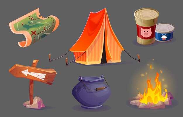여름 모험을 위한 텐트와 함께 캠프 장비 아이콘