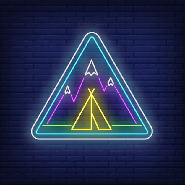 Free vector camp in mountains neon sign