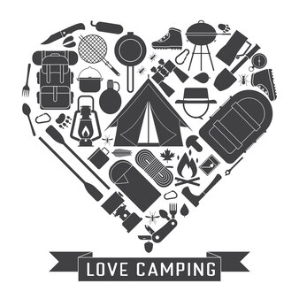 Лагерь наброски иконки в форме сердца. любовь концепция кемпинга с элементами вектора пешие прогулки. снаряжение для базового лагеря и походов в творческой форме.