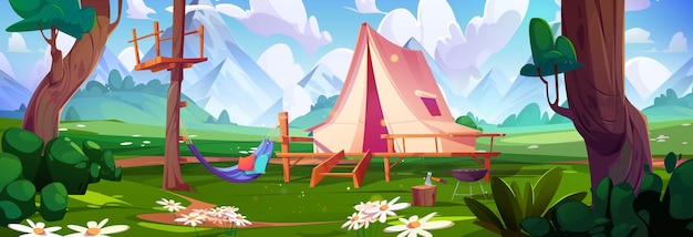 Free vector camp tent in summer forest vector illustration camping scene near tree with hammock and ax in stump spring forrest location environment for campsite panorama campaign woods nature concept