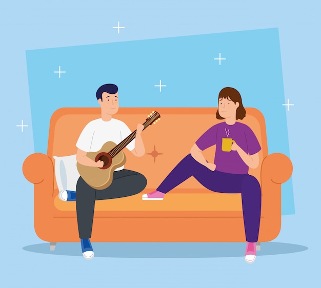 Free vector campaign stay at home with couple in living room