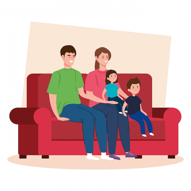 Free vector campaign stay at home with family in living room