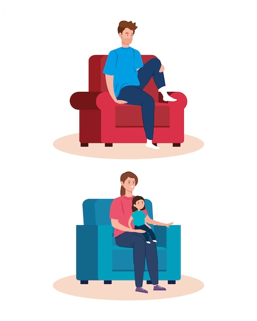 Free vector campaign stay at home with family scenes in living room