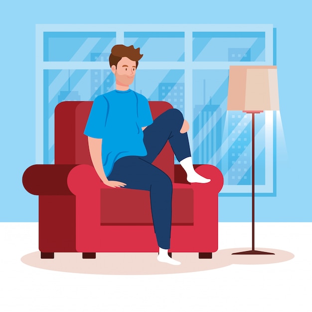 Free vector campaign stay at home with man in living room