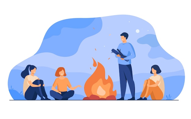 Campfire, camping, story telling . cheerful people sitting at fire, telling scary stories, having fun. for summer outdoor activities or leisure time with friends topics