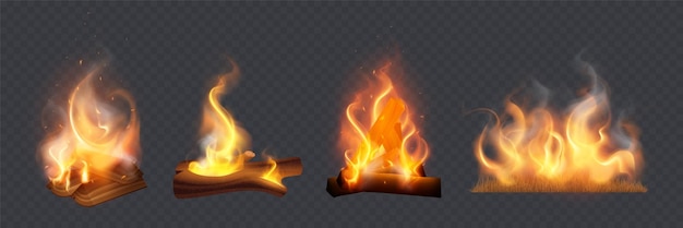 Free vector campfire fireplace burning lump wood and grass realistic set isolated on transparent background vector illustration