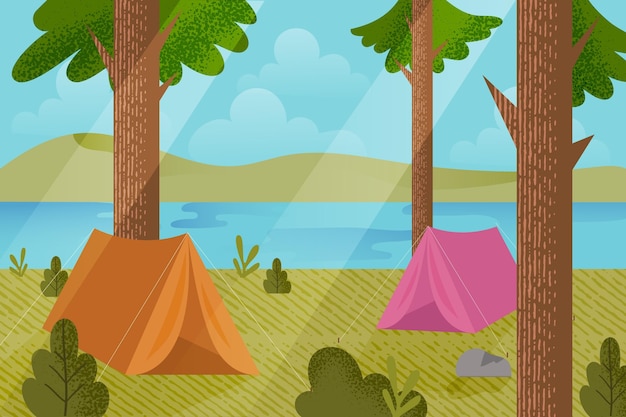 Бесплатное векторное изображение Иллюстрация ландшафта кемпинга с палатками и лесом