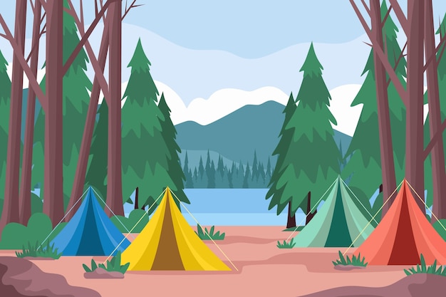 Camping area landscape illustration with tents and forest